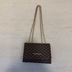 Bebe Patterned Brown Crossbody Bag with Gold Chain